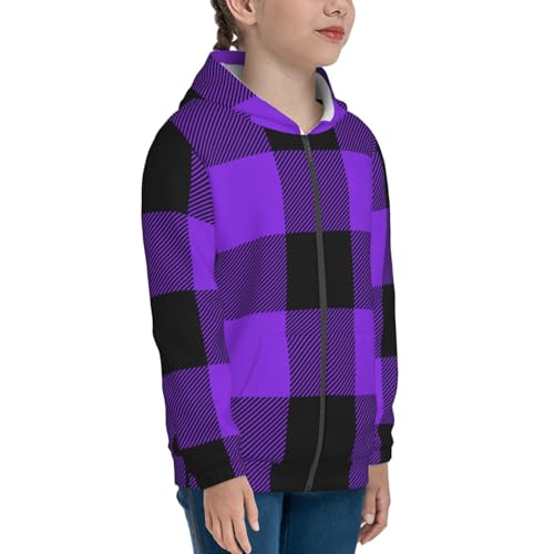 Purple Buffalo Plaid Kid Hoodies Boys Zip Up Sweatshirts Girls Pullover with Pocket4