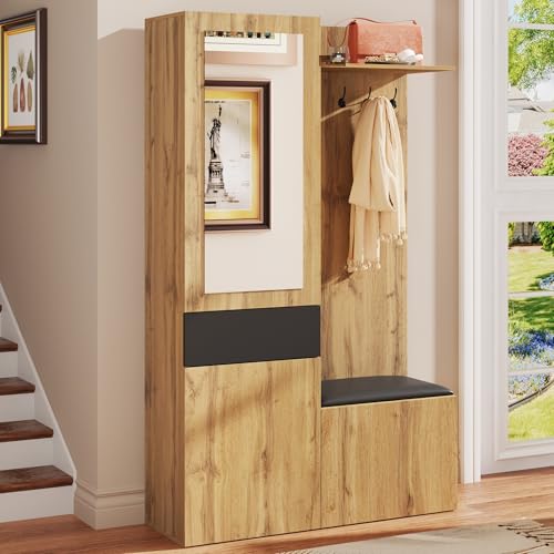 BXEYXE Juego de perchero con 5 percheros, espejo, zapatero, armario empotrado con estantes superiores, cajones, estantes superiores, banco de perchero.