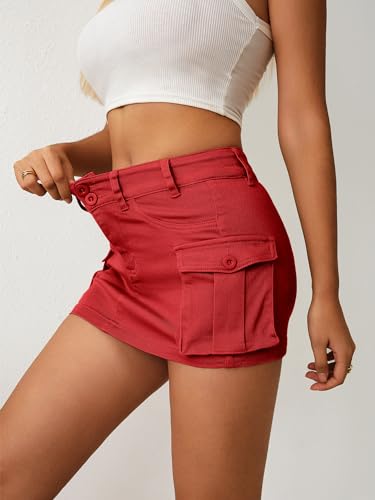 Image of ELLEVEN Low Rise Denim Mini Skirt for Women High Stretch Jean Skirts | Women's Sexy Bodycon Cargo Denim Skirt with Pockets, Y2K Casual Jean Style, Trendy Summer Outfits