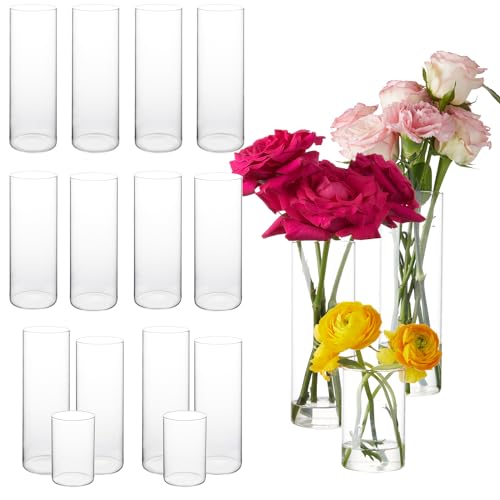 Photo 1 of 14pcs Small Cylinder Vases for Centerpieces - Glass Vases for Flowers with 3 Different Sizes