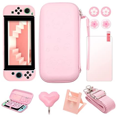 Switch Pink Accessories, Switch Pink Carrying Case, Switch Pink Protective Case, Cute Thumb Grips, Headphone Adapter, Desktop Stand, Screen Protector, Wrist Strap and Shoulder Strap Cover