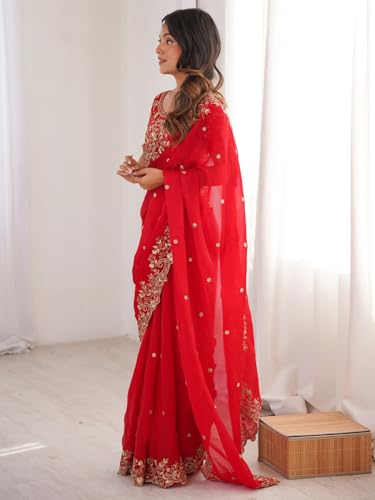 Image of AKHILAM Women's Shimmer Satin Sequence Embroidery Saree With Unstitched Blouse Piece(AARYAN21401 KR Parent)