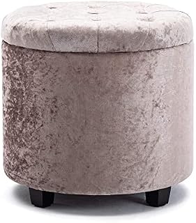 HNNHOME 45cm Round Crushed Velvet Padded Seat Ottoman Storage Stool Box, Footstool Pouffes Chair with Lids (Silver Brown, Crushed Velvet)