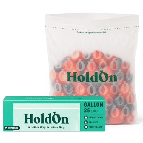 HoldOn Compostable Gallon Freezer Bags 25 Bags - Leak Proof Gallon Bags for Travel & Kitchen Meal Prep & On-The-Go Snacks - Resealable Food Storage Zip Lock Bags - BPA-Free BPI Certified
