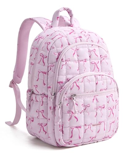Image of BAGSMART College Laptop Backpack, Travel Backpack for Women, Quilted Casual Daypack, Water-Resistant Bookbag for 15.6 Inch Laptop, Pink Bow Print