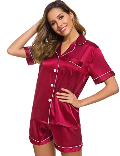 Image of SWOMOG Womens Silk Satin Pajamas Set Short Sleeve Sleepwear Button Down Top and Shorts Loungewear 2 Piece Pjs Set XS-3XL