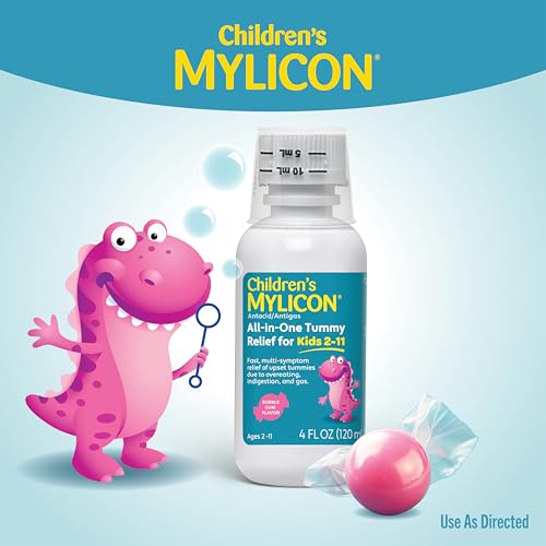 Image of Children's Mylicon All-in-One Tummy Relief Liquid For Indigestion for Kids, Bubble Gum Flavor, 4oz | Fast-acting liquid relieves gas, bloating, indigestion & heartburn for kids . Simethicone + calcium carbonate . 4 fl oz