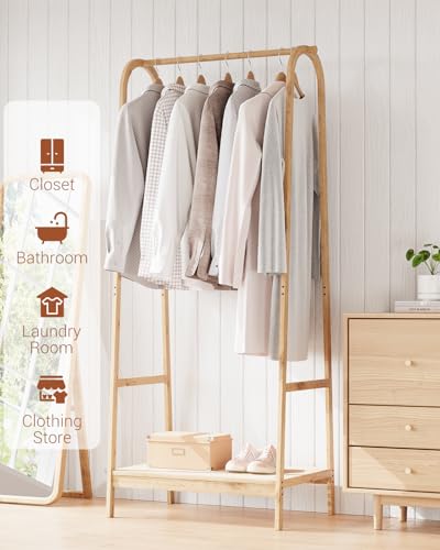 Clothing Rack with Storage Shelf, Bamboo Freestanding Garment Rack for Bedroom, Balcony, Clothes Store, Clothing Storage Organizer, Heavy Duty Clothes Rack for Hanging Clothes, Coats, Skirts, Shoes