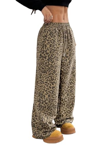 Women's Leopard Baggy Wide Leg Sweatpants Drawstring High Waisted Cheetah Print Lounge Barrel Trousers with Pockets