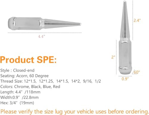 Image of 32PCS 4.4 inch Length 14x1.5 Chrome Wheel Spike Lug Nuts,Cone /Conical Bulge Seat,Closed End Nuts with 1 Socket Key and Gift Set 4 Pcs Chrome Aluminum Tires Valve Stem Cover Caps