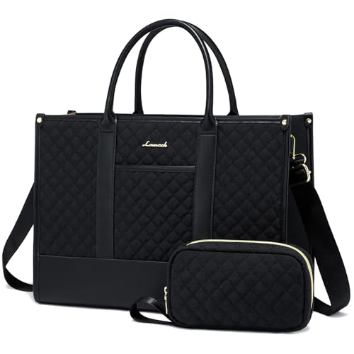 LOVEVOOK Handbags for Women Laptop Bags 17 Inch, Ladies Tote Bag for Work Office Business School, Large Womens Shoulder Bag with Adjustable Straps & Clutch Bag Lightweight, Black