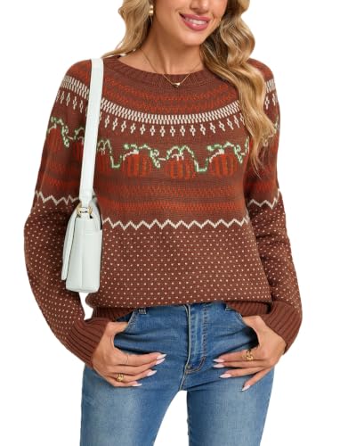 Image of Womens Fair Isle Sweaters Long Sleeve Crewneck Fall Winter Pullover Sweater
