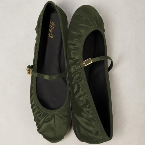 FOWT Women Fashion Round Toe Pleated Foldable Ballet Flats Single Strap Comfortable Mary Jane Flats for Ballroom Dance Casual Walking Size 4-16 US3