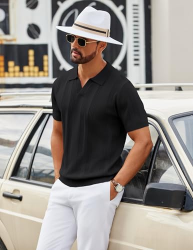 Image of COOFANDY Mens Knit Polo Shirts V Neck Textured Polo Shirts Short Sleeve Breathable Polo Casual Collared T Shirt Fashion Tops