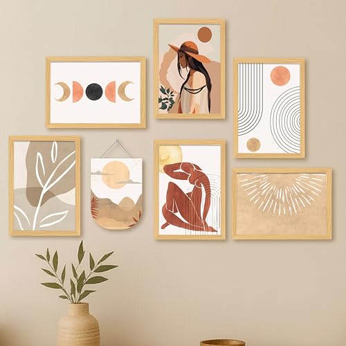 Image of PAINTINGMANTRA Boho Abstract Framed Wall Art Set of 7 (1 MDF wall Hanging), Modern Neutral Aesthetic Prints with Minimal Line Art, Framed Painting Wall Decor for Living Room, Bedroom, Home, 9x13 Inch