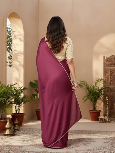 Image of FABIAN FASHION Women's Plain Japan Satin Silk Saree with Pearl Lace Border, Includes Unstitched Matching Blouse Piece - Elegant Saree(AVN 1694)