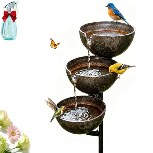 Rain Catcher Bird Bath 3-Layer Metal Rain Catcher Garden Stake Rustic Stacked Bowls Rain Gauge Garden Decor - Bring Life Back to Your Garden Vintage Outdoor Rain Catchers for Bee Hummingbird (1PCS)