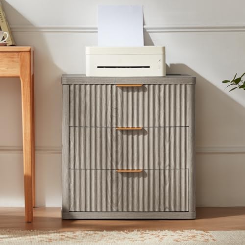 Image of LEYAOYAO 23 inch Wide Fluted Night Stand with Charging Station,3 Drawers Large End Table with Storage,Wood Bedside Tables, Farmhouse Cabinet Dresser for Bedroom,Dark Grey