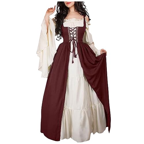 Generisch Mittelalter Kleidung Damen Renaissance Vintage Viktorianisches Dress Trompetenärmel Partykleid Kostüme Frauen Halloween Fasching Vintage...