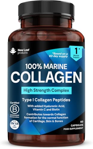 Pure Marine Collagen 100% Marine Collagen Type 1 Hydrolysed Collagen Peptides Enhanced with Hyaluronic Acid & Vitamin C -Essential Amino Acids - Collagen Supplements for Women and Men, 60 Capsules
