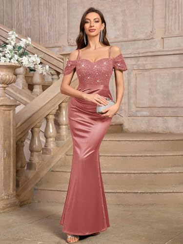 Image of Miusol Women's Elegant Sequin Lace Spaghetti Straps Formal Satin Maxi Dress