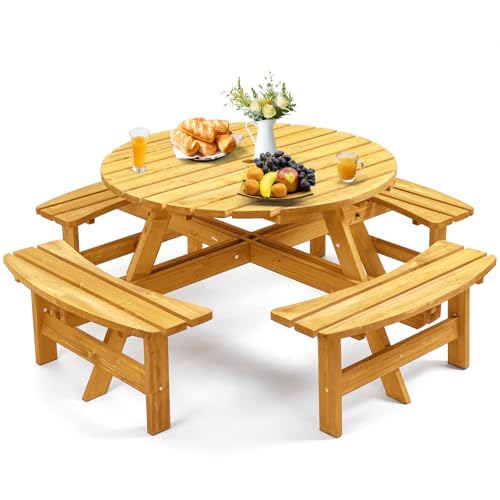 Zevemomo 8 Person Wood Picnic Table, Round Tabletop with Umbrella Hole, 4 Built-in Curved Benches, 2220LBS Total Capacity for Patios, Backyard, Light Wood Color