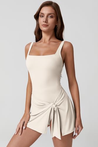 Image of QINSEN Square Neck Swim Dress for Women Tummy Control One Piece Swimsuit Wrap Bathing Suit