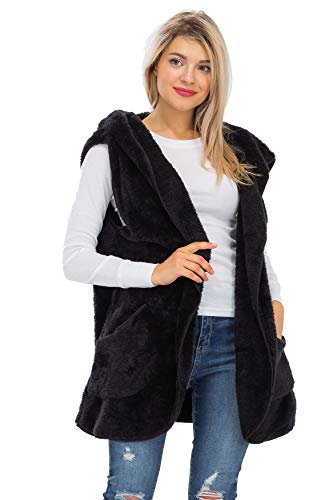 Open Front Hooded Faux Fur Side Pockets Cocoon Slouchy Vest Black M