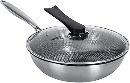 Portible Non Stick Fry Pan with Glass Lid, Honeycomb Pattern Design Inside, Omelette Pan Non Stick, Deep Pan for Frying, Induction Base, Dishwasher Safe, Three-Layer Steel (Pack of 1)