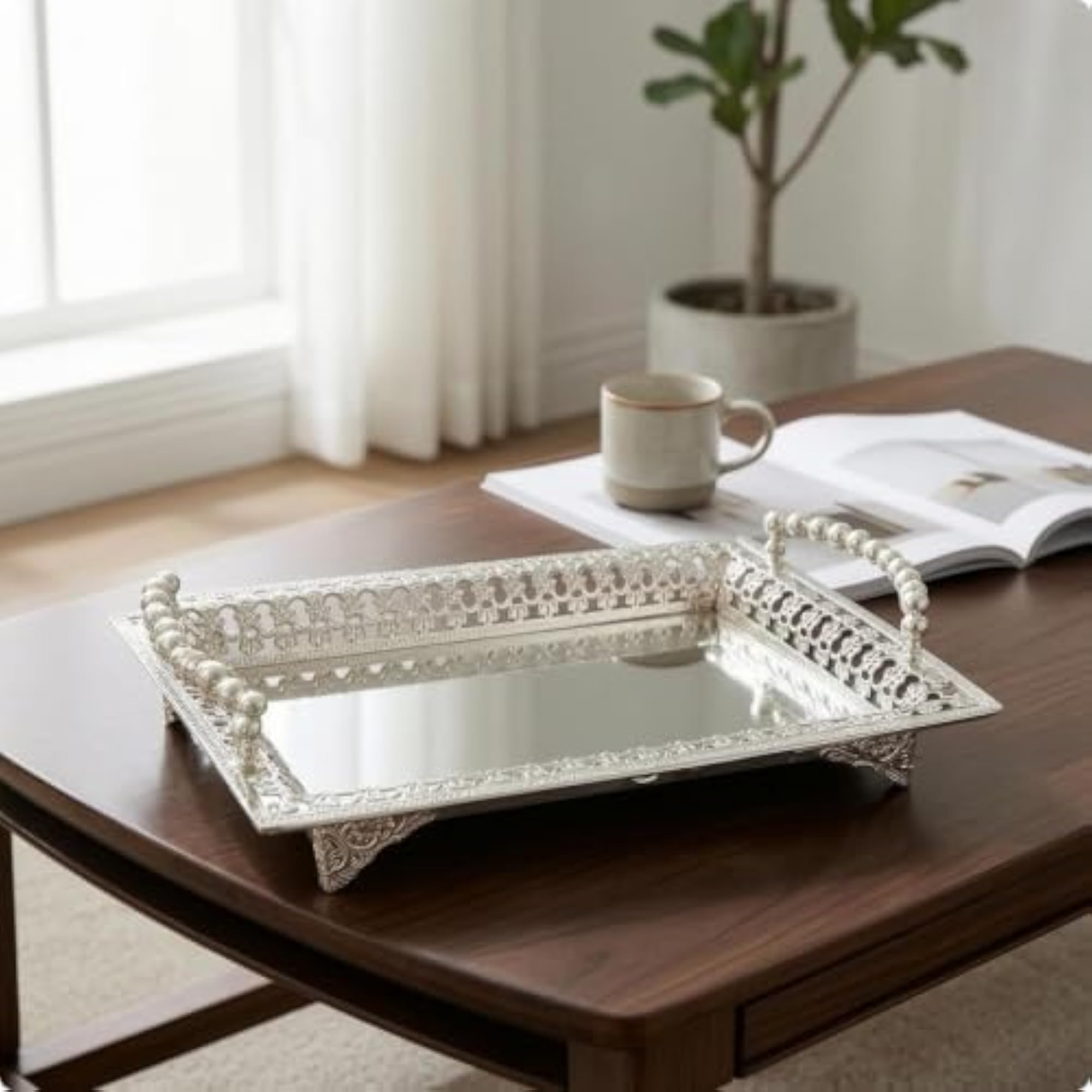 Mirrored Tray with Handles, Ornate Openwork Design