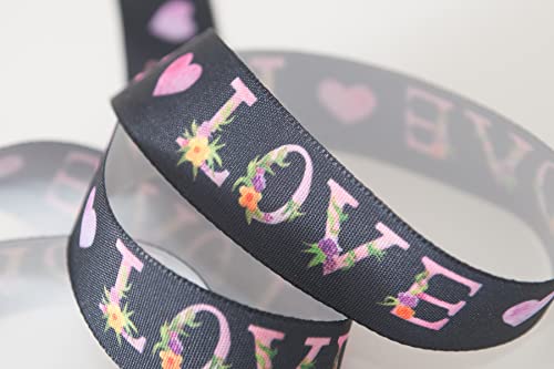 Berisfords Taffeta Patterned Ribbon ‘Love’ Multicolour on Black 25mm Wide 25m Reel, Black/Multi, 25mm x 25m - Image 3