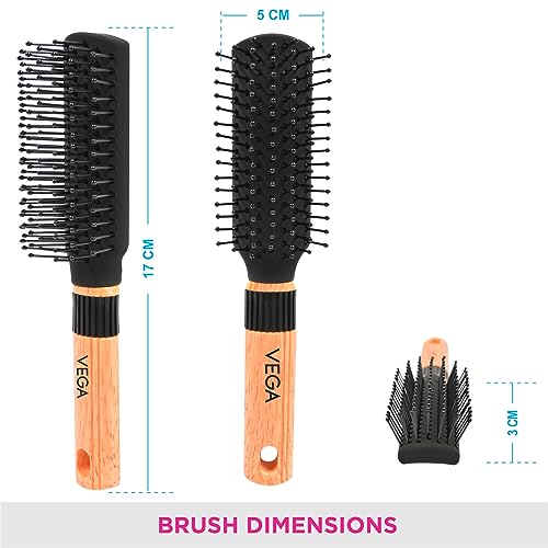 Vega Mini Flat Brush with Wooden Colored Handle and Black Colored Brush Head, Brown, Black - Image 3