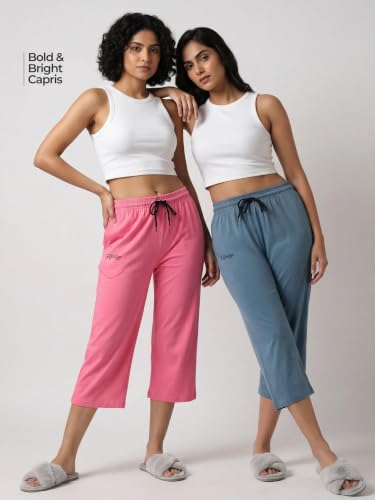 Image of Fflirtygo Women's Cotton Plain Calf Length Capri | Nightwear Short Pyjama | 3 /4th Solid Pyjama Pant | Regular Fit Casual & Lounge Wear Capri Combo (Pack of 2)