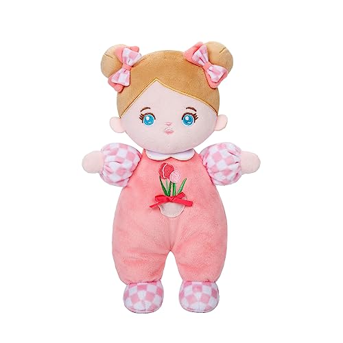 OUOZZZ Bonecas de pano para bebé com roupa de tulipa rosa e cabelo loiro, mini boneca de peluche suave brinquedo, presente para crianças 3 anos, 25 cm