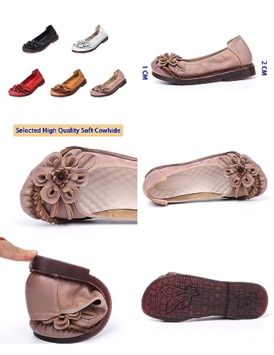 Women's Vintage Flower Leather Slip On Ballet Flats,Lightweight Comfort Non-Slip Ox Softsole Casual Dressy Pumps2