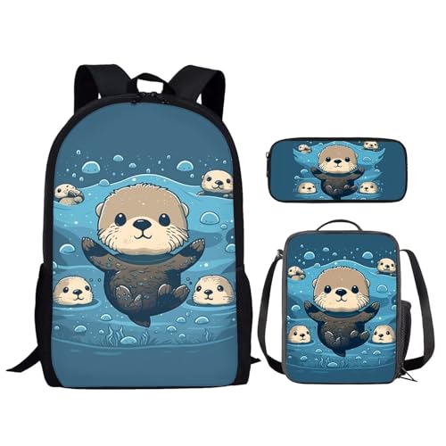 Sac d'école loutre de mer 3 en 1 avec sac à déjeuner pour enfant