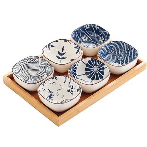 Set di ciotole in ceramica con vassoio da portata in legno, piatti per condimenti rimovibili per antipasti, sushi, barbecue, stile vintage