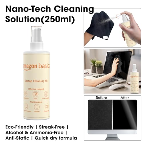 Image of Amazon Basics 8-in-1 Cleaning Kit for Laptop, Mobile, iPhone, AirPods, Earbuds, Keyboard | Multifunctional Tool Kit | Includes Microfibre Cloth & 250 ml Cleaning Liquid