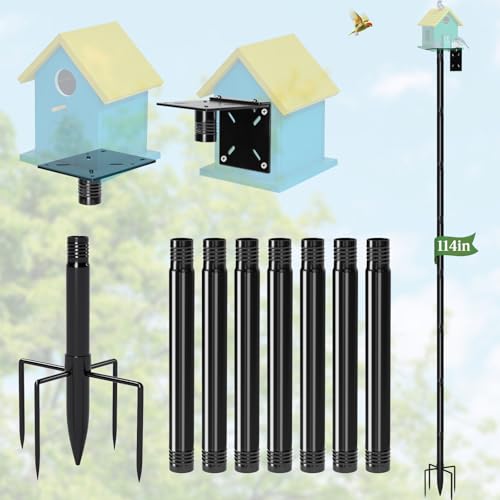 114-Inch Birdhouse Pole Stand Heavy Duty Metal Bird House Mount with Ground Stake Base Multi-Section Outdoor Pole for Birdhouses Feeders & Garden Decor