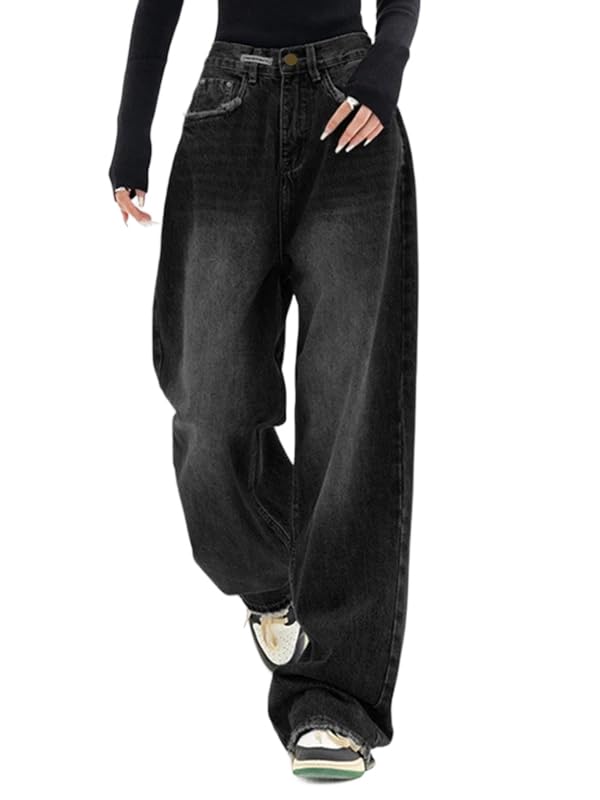 EMMIOL Jeans for Women Wide Leg Baggy Jeans Y2K Casual Loose Boyfriends Trousers Vintage Streetwear Black, XS
