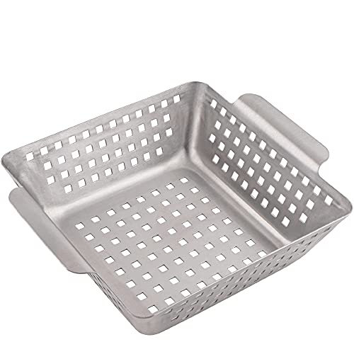 GOURMEO® Grill-Korb aus rostfreiem Edelstahl 21 x 21 x 7 cm | Grill-Wok, Grill-Pfanne, Grill-Rost, Gemüse-Schale, Gemüse-Korb, Kartoffelkorb