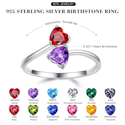 Iefil Adjustable Birthstone Rings for Women - 925 Sterling Silver Double Birthstone Rings, Anniversary & Birthday Gifts for Women, Personalized Jewelry Gifts for Wife, Mom, Girlfriend3