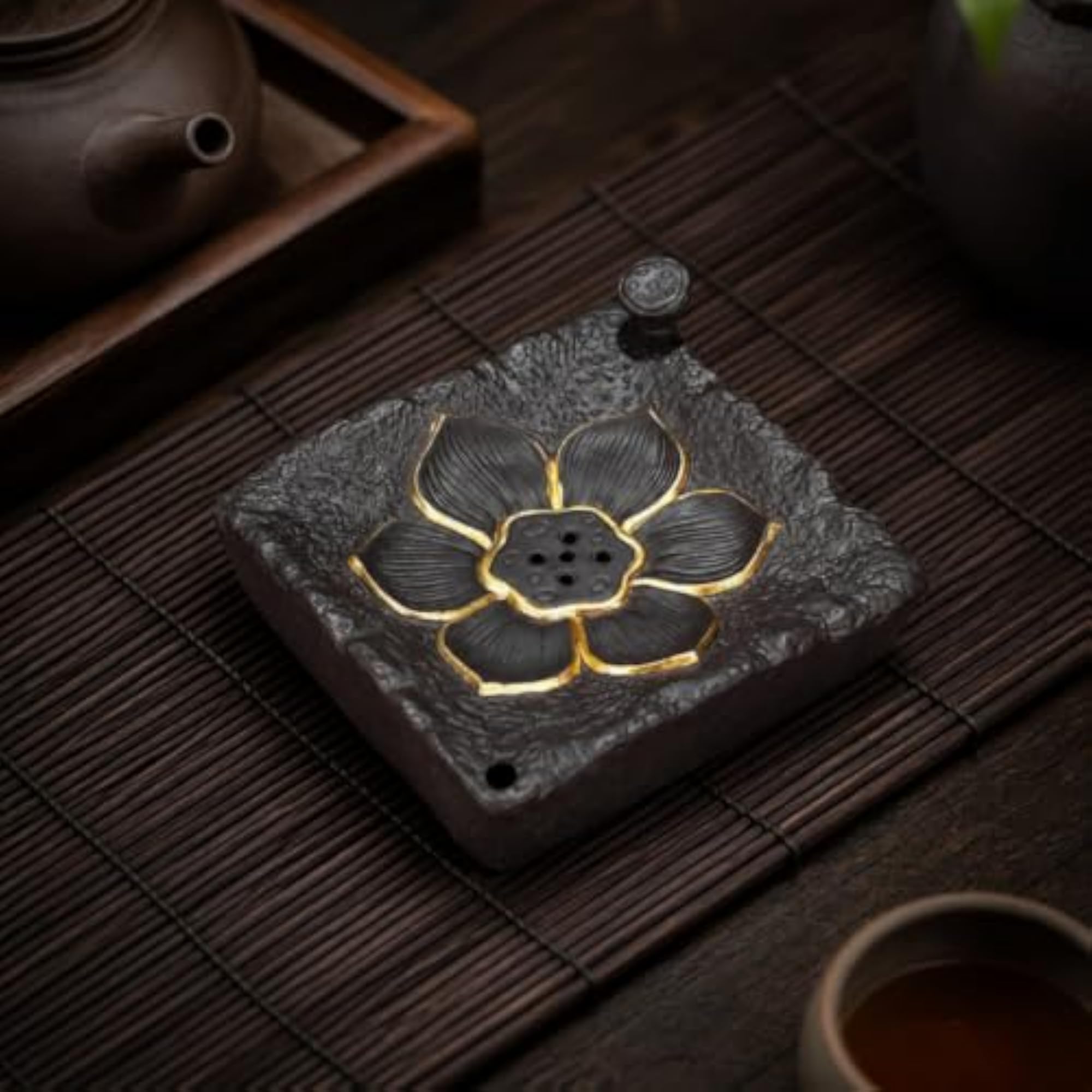 Giftable Violet Clay Teapot Stand, Textured Lotus