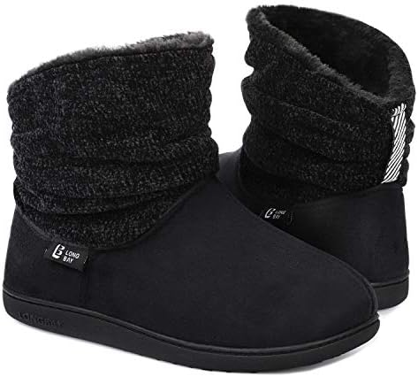 Longbay Women's Warm Chenille Knit Bootie Slippers Memory Foam Comfy Suede Fluffy Faux Fur Memory Foam Boots House Shoes (Medium / 7-8, Black)