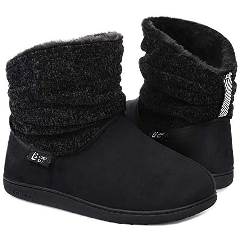 LongBay Ladies' Warm Chenille Knit Bootie Slippers Women's Comfy Suedette Fluffy Faux Fur Memory Foam Boots House Shoes Cover