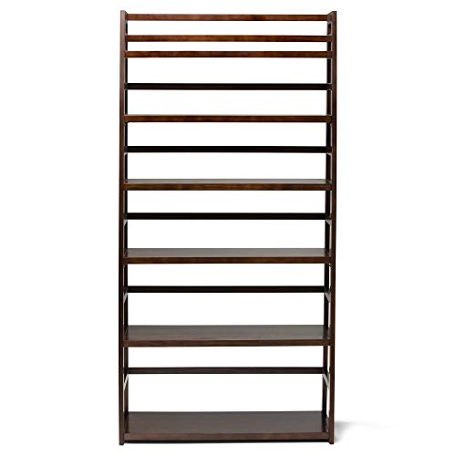 Image of SIMPLIHOME Acadian SOLID WOOD 72 inch x 36 inch Transitional Wide Ladder Shelf Bookcase in Brunette Brown for the Living Room, Study Room and Office
