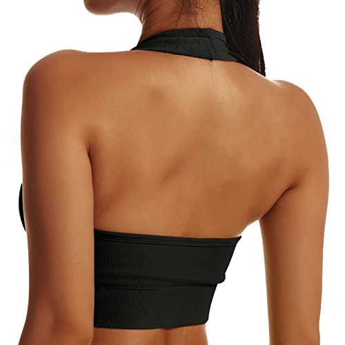 Vertvie Neckholder Sport BH Rückenfrei Fitness Bustier Damen Gepolstert Push Up BH Ohne Bügel Sport Top Yoga Bra Mittlerer Halt Workout(Schwarz,S)