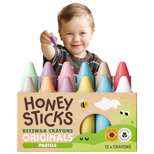 Honeysticks 100% Pure Beeswax Crayons (12 Pack) - Pastel Colored - Non Toxic Crayons for Toddlers 1-3, Safe for Baby from 1 Year Old Plus, Handmade with Natural Beeswax and Food-Grade Colors, Eco