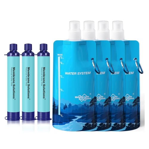 Membrane Solutions Squeezable Water Filtration System, Survival Water Purifier Kit, Portable Backpacking Gear Including Water Filter Straw and 23oz Collapsible Bottle for Hiking Camping Trav