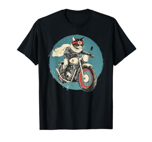 Image of Cool Japanese Biker Cat Riding Motorcycle Retro Fun T-Shirt